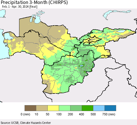 Central Asia Precipitation 3-Month (CHIRPS) Thematic Map For 2/1/2024 - 4/30/2024