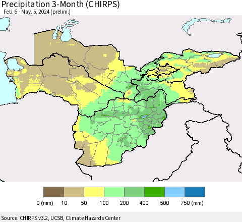 Central Asia Precipitation 3-Month (CHIRPS) Thematic Map For 2/6/2024 - 5/5/2024