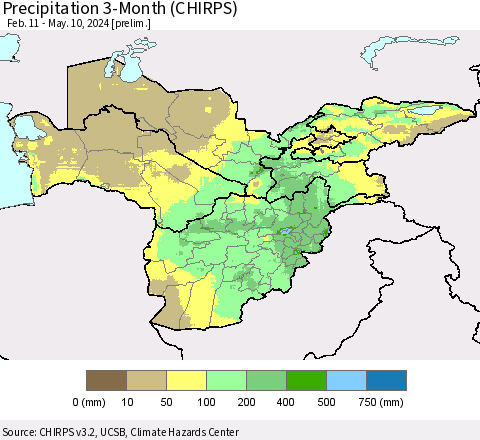 Central Asia Precipitation 3-Month (CHIRPS) Thematic Map For 2/11/2024 - 5/10/2024