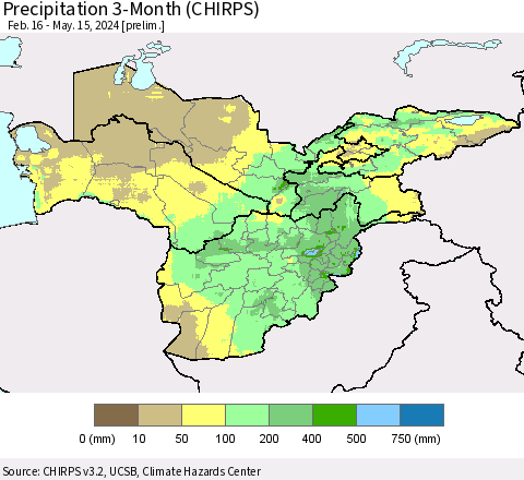 Central Asia Precipitation 3-Month (CHIRPS) Thematic Map For 2/16/2024 - 5/15/2024