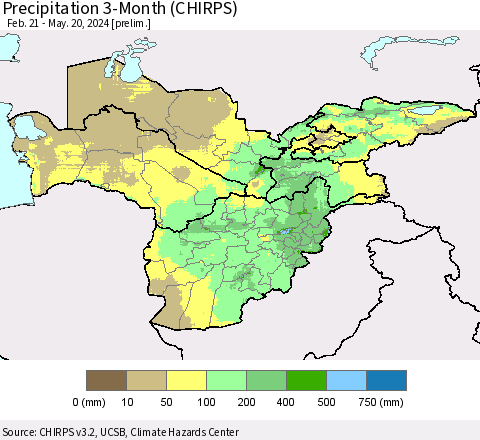 Central Asia Precipitation 3-Month (CHIRPS) Thematic Map For 2/21/2024 - 5/20/2024