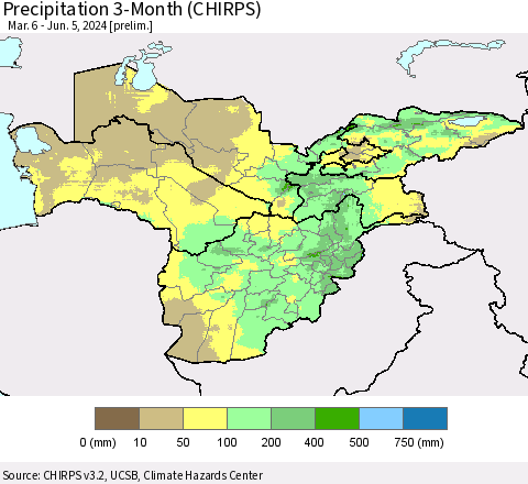 Central Asia Precipitation 3-Month (CHIRPS) Thematic Map For 3/6/2024 - 6/5/2024
