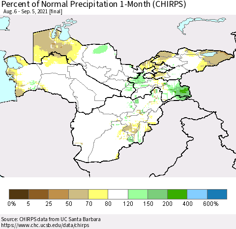Central Asia Percent of Normal Precipitation 1-Month (CHIRPS) Thematic Map For 8/6/2021 - 9/5/2021