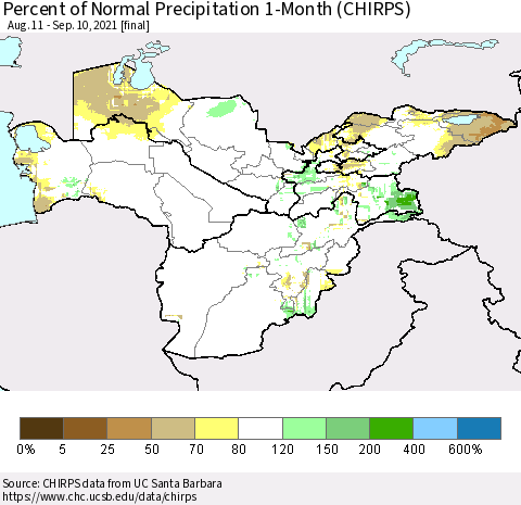Central Asia Percent of Normal Precipitation 1-Month (CHIRPS) Thematic Map For 8/11/2021 - 9/10/2021