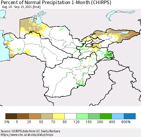Central Asia Percent of Normal Precipitation 1-Month (CHIRPS) Thematic Map For 8/16/2021 - 9/15/2021