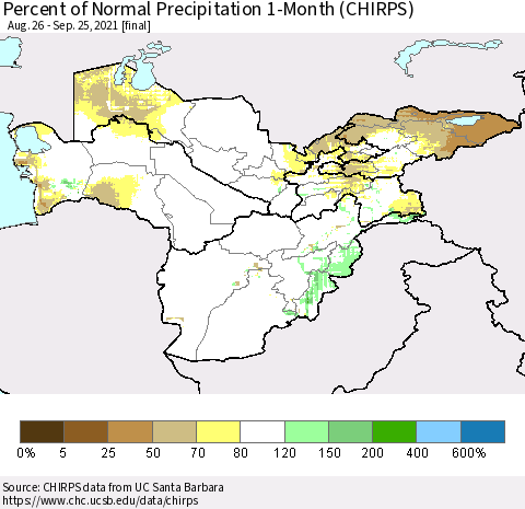 Central Asia Percent of Normal Precipitation 1-Month (CHIRPS) Thematic Map For 8/26/2021 - 9/25/2021