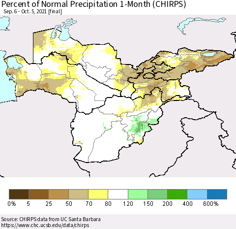 Central Asia Percent of Normal Precipitation 1-Month (CHIRPS) Thematic Map For 9/6/2021 - 10/5/2021