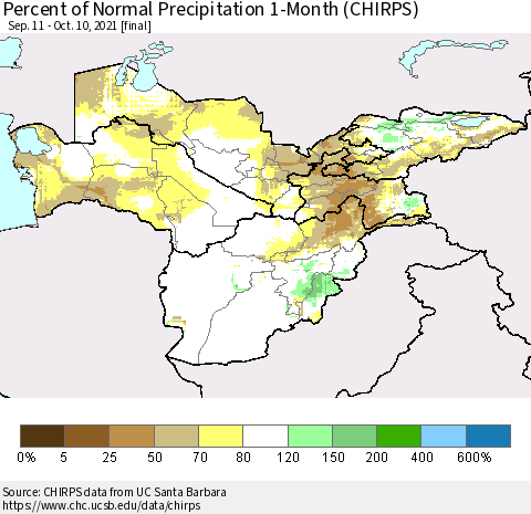 Central Asia Percent of Normal Precipitation 1-Month (CHIRPS) Thematic Map For 9/11/2021 - 10/10/2021