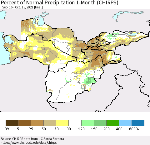 Central Asia Percent of Normal Precipitation 1-Month (CHIRPS) Thematic Map For 9/16/2021 - 10/15/2021