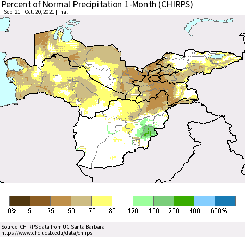 Central Asia Percent of Normal Precipitation 1-Month (CHIRPS) Thematic Map For 9/21/2021 - 10/20/2021