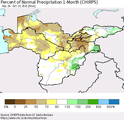 Central Asia Percent of Normal Precipitation 1-Month (CHIRPS) Thematic Map For 9/26/2021 - 10/25/2021
