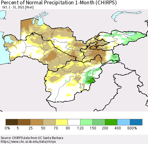 Central Asia Percent of Normal Precipitation 1-Month (CHIRPS) Thematic Map For 10/1/2021 - 10/31/2021