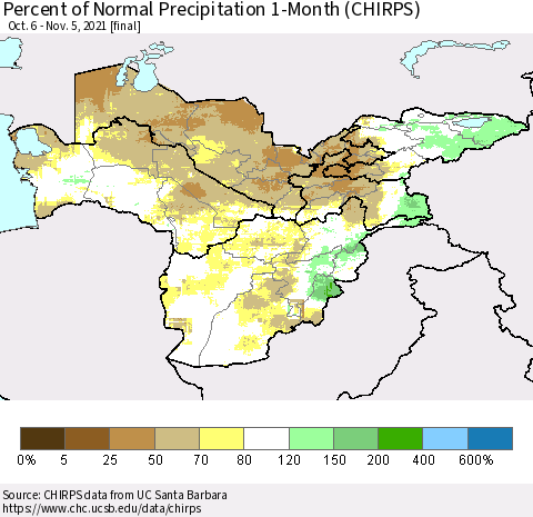 Central Asia Percent of Normal Precipitation 1-Month (CHIRPS) Thematic Map For 10/6/2021 - 11/5/2021