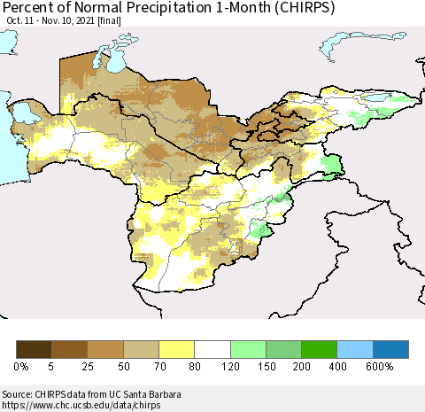 Central Asia Percent of Normal Precipitation 1-Month (CHIRPS) Thematic Map For 10/11/2021 - 11/10/2021