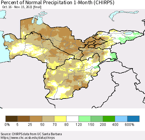Central Asia Percent of Normal Precipitation 1-Month (CHIRPS) Thematic Map For 10/16/2021 - 11/15/2021