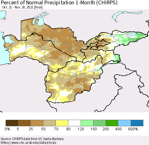 Central Asia Percent of Normal Precipitation 1-Month (CHIRPS) Thematic Map For 10/21/2021 - 11/20/2021