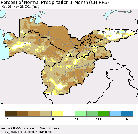 Central Asia Percent of Normal Precipitation 1-Month (CHIRPS) Thematic Map For 10/26/2021 - 11/25/2021