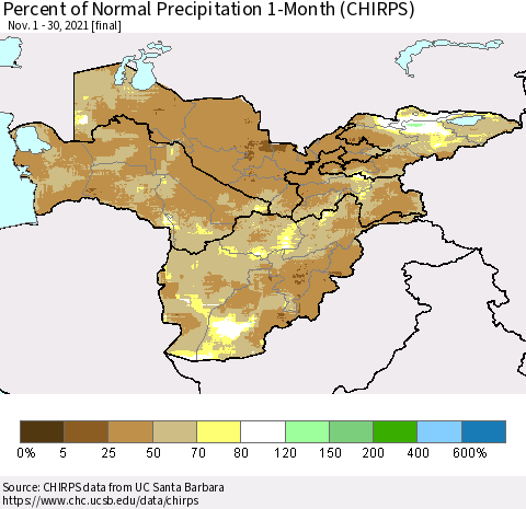 Central Asia Percent of Normal Precipitation 1-Month (CHIRPS) Thematic Map For 11/1/2021 - 11/30/2021