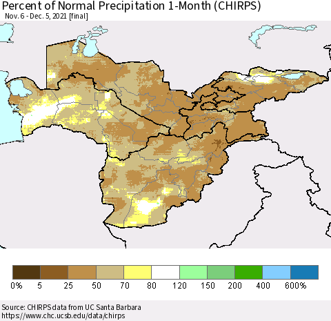 Central Asia Percent of Normal Precipitation 1-Month (CHIRPS) Thematic Map For 11/6/2021 - 12/5/2021