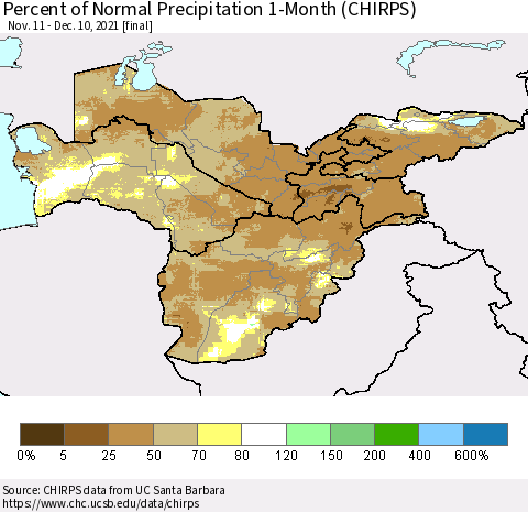 Central Asia Percent of Normal Precipitation 1-Month (CHIRPS) Thematic Map For 11/11/2021 - 12/10/2021