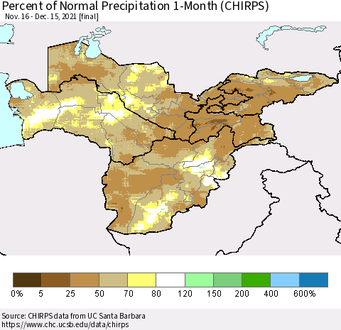 Central Asia Percent of Normal Precipitation 1-Month (CHIRPS) Thematic Map For 11/16/2021 - 12/15/2021