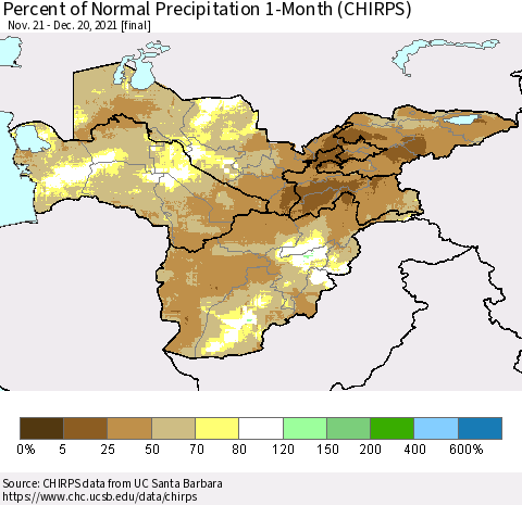 Central Asia Percent of Normal Precipitation 1-Month (CHIRPS) Thematic Map For 11/21/2021 - 12/20/2021
