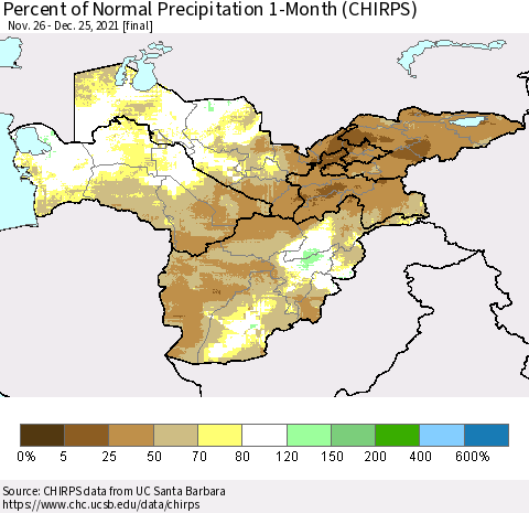 Central Asia Percent of Normal Precipitation 1-Month (CHIRPS) Thematic Map For 11/26/2021 - 12/25/2021