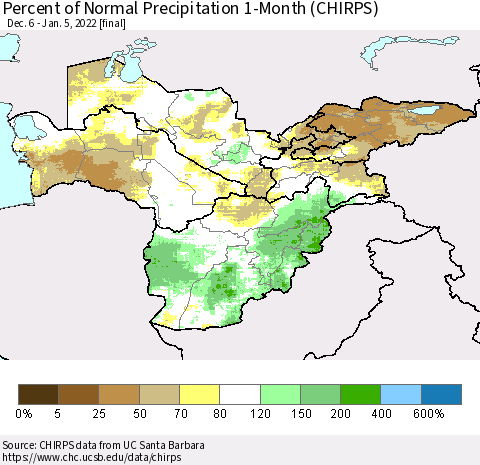 Central Asia Percent of Normal Precipitation 1-Month (CHIRPS) Thematic Map For 12/6/2021 - 1/5/2022