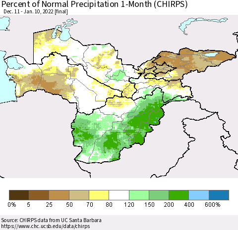 Central Asia Percent of Normal Precipitation 1-Month (CHIRPS) Thematic Map For 12/11/2021 - 1/10/2022