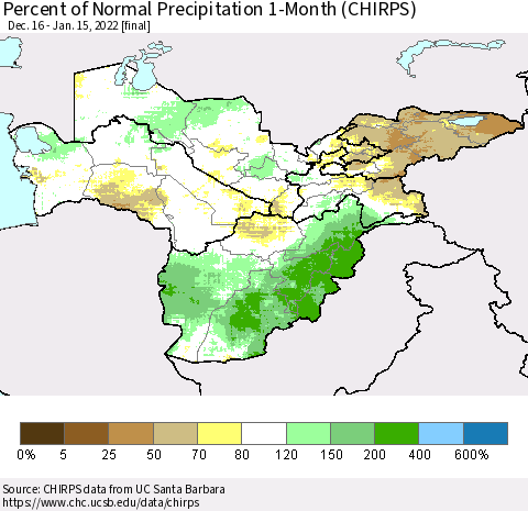 Central Asia Percent of Normal Precipitation 1-Month (CHIRPS) Thematic Map For 12/16/2021 - 1/15/2022