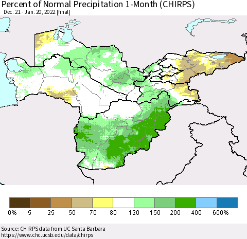 Central Asia Percent of Normal Precipitation 1-Month (CHIRPS) Thematic Map For 12/21/2021 - 1/20/2022