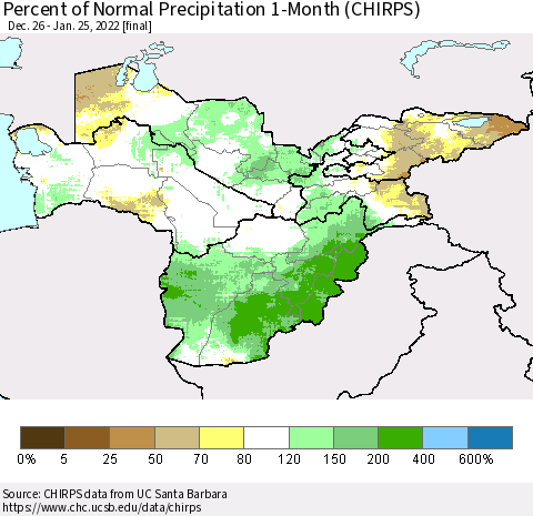 Central Asia Percent of Normal Precipitation 1-Month (CHIRPS) Thematic Map For 12/26/2021 - 1/25/2022