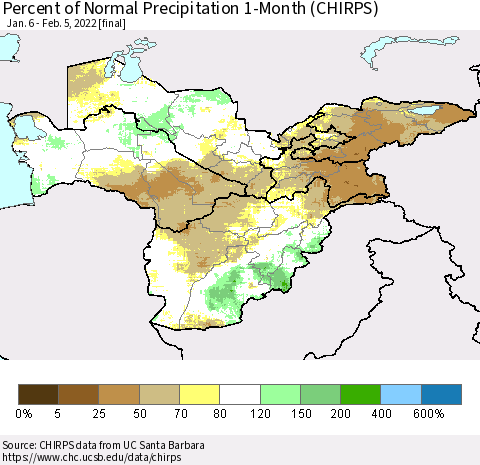 Central Asia Percent of Normal Precipitation 1-Month (CHIRPS) Thematic Map For 1/6/2022 - 2/5/2022