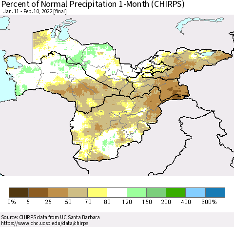 Central Asia Percent of Normal Precipitation 1-Month (CHIRPS) Thematic Map For 1/11/2022 - 2/10/2022