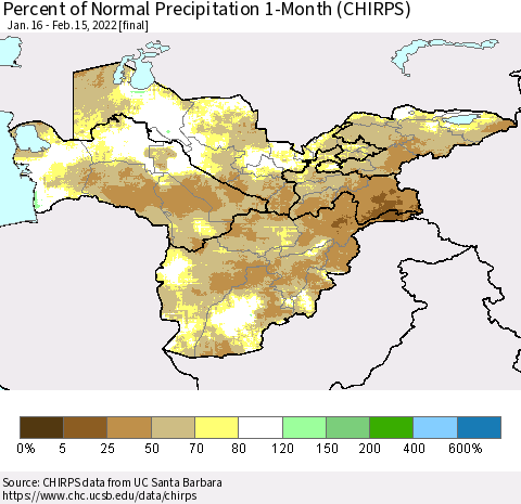 Central Asia Percent of Normal Precipitation 1-Month (CHIRPS) Thematic Map For 1/16/2022 - 2/15/2022