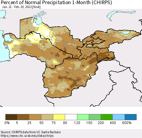 Central Asia Percent of Normal Precipitation 1-Month (CHIRPS) Thematic Map For 1/21/2022 - 2/20/2022