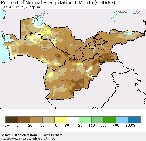 Central Asia Percent of Normal Precipitation 1-Month (CHIRPS) Thematic Map For 1/26/2022 - 2/25/2022