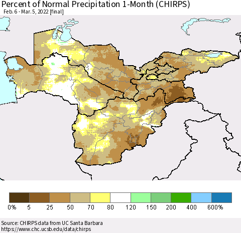 Central Asia Percent of Normal Precipitation 1-Month (CHIRPS) Thematic Map For 2/6/2022 - 3/5/2022