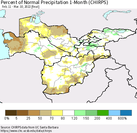 Central Asia Percent of Normal Precipitation 1-Month (CHIRPS) Thematic Map For 2/11/2022 - 3/10/2022