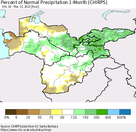 Central Asia Percent of Normal Precipitation 1-Month (CHIRPS) Thematic Map For 2/16/2022 - 3/15/2022