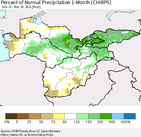 Central Asia Percent of Normal Precipitation 1-Month (CHIRPS) Thematic Map For 2/21/2022 - 3/20/2022