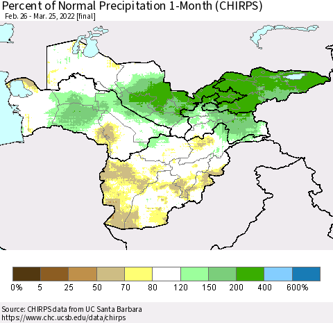 Central Asia Percent of Normal Precipitation 1-Month (CHIRPS) Thematic Map For 2/26/2022 - 3/25/2022