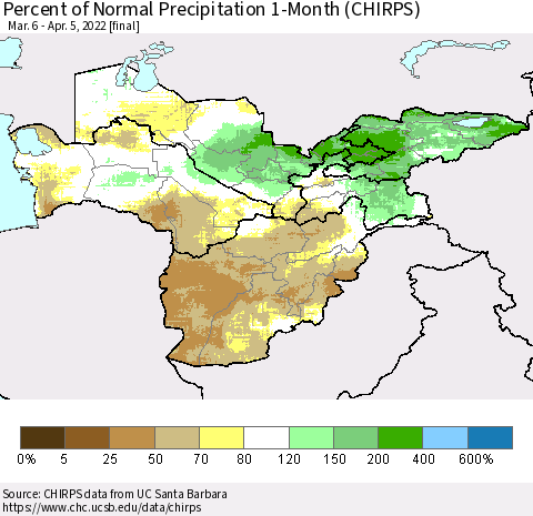 Central Asia Percent of Normal Precipitation 1-Month (CHIRPS) Thematic Map For 3/6/2022 - 4/5/2022