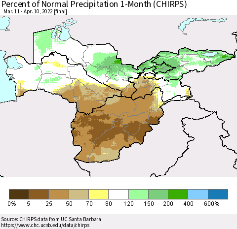 Central Asia Percent of Normal Precipitation 1-Month (CHIRPS) Thematic Map For 3/11/2022 - 4/10/2022