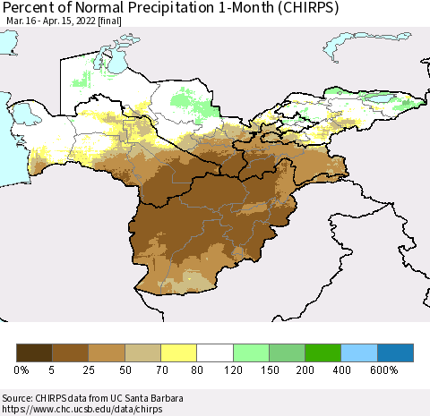 Central Asia Percent of Normal Precipitation 1-Month (CHIRPS) Thematic Map For 3/16/2022 - 4/15/2022