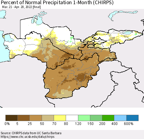Central Asia Percent of Normal Precipitation 1-Month (CHIRPS) Thematic Map For 3/21/2022 - 4/20/2022