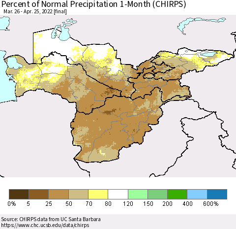 Central Asia Percent of Normal Precipitation 1-Month (CHIRPS) Thematic Map For 3/26/2022 - 4/25/2022