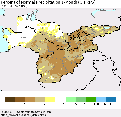 Central Asia Percent of Normal Precipitation 1-Month (CHIRPS) Thematic Map For 4/1/2022 - 4/30/2022