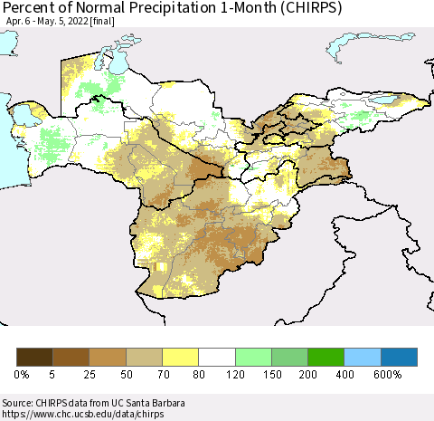Central Asia Percent of Normal Precipitation 1-Month (CHIRPS) Thematic Map For 4/6/2022 - 5/5/2022
