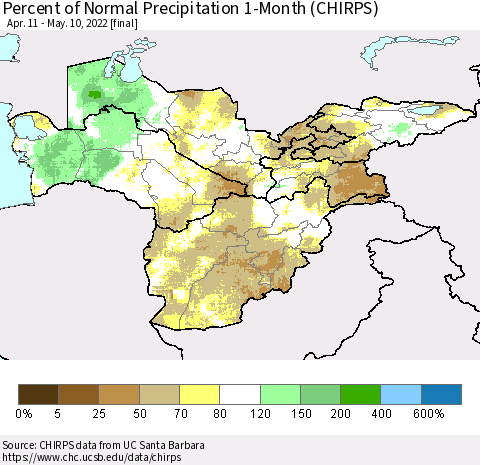 Central Asia Percent of Normal Precipitation 1-Month (CHIRPS) Thematic Map For 4/11/2022 - 5/10/2022